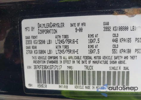 2001 Dodge Ram 2500 St из США, поврежденный, VIN 3B7KF236X1G717117